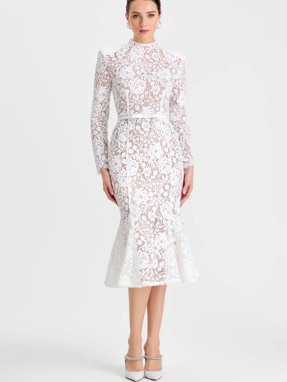 NADINE MERABI White Long-Sleeve Lace Midi Dress